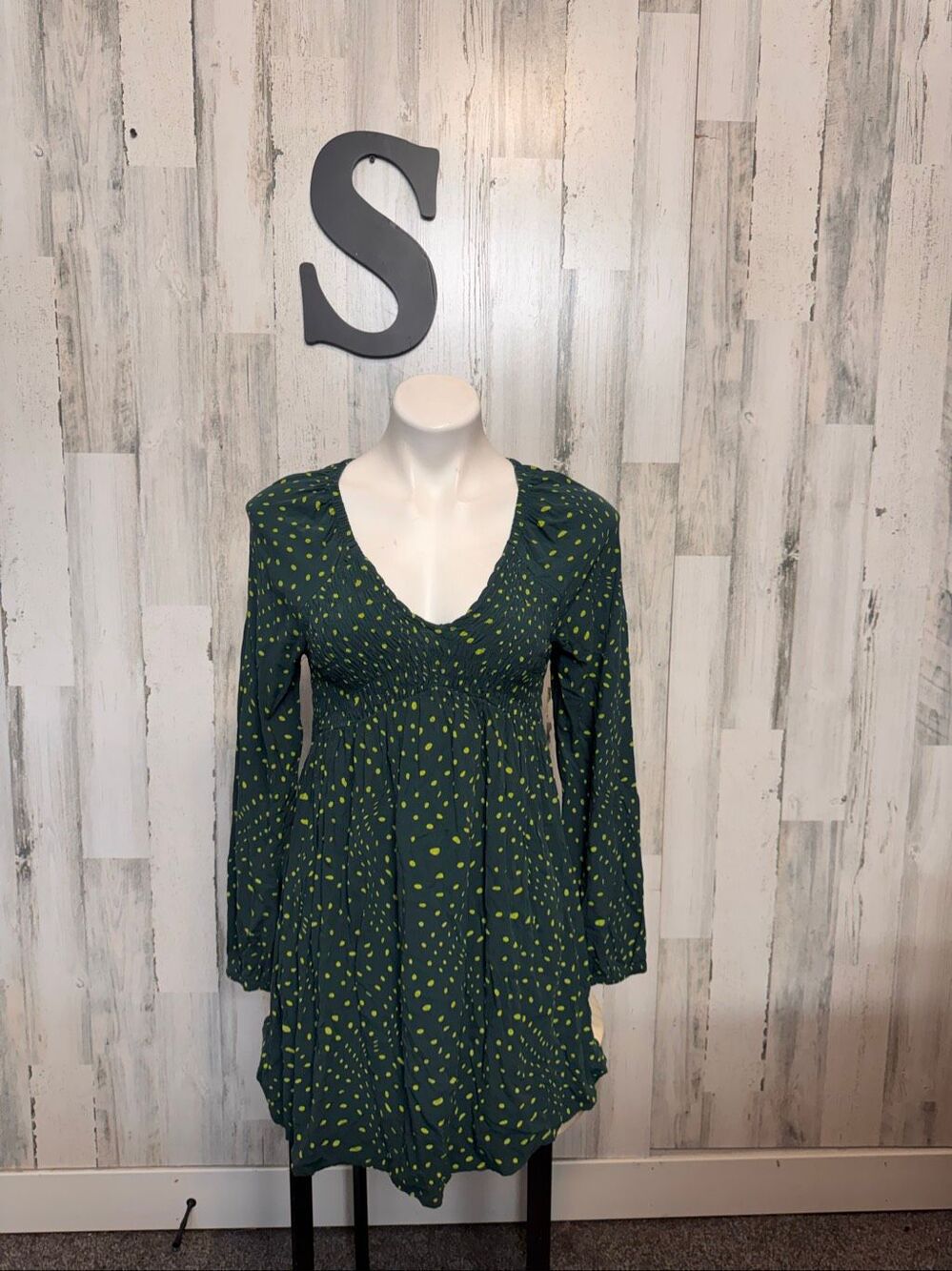 BP Nordstrom Dark Green Polka Dot Long Sleeve Smocked Mini Dress Womens Small Bo